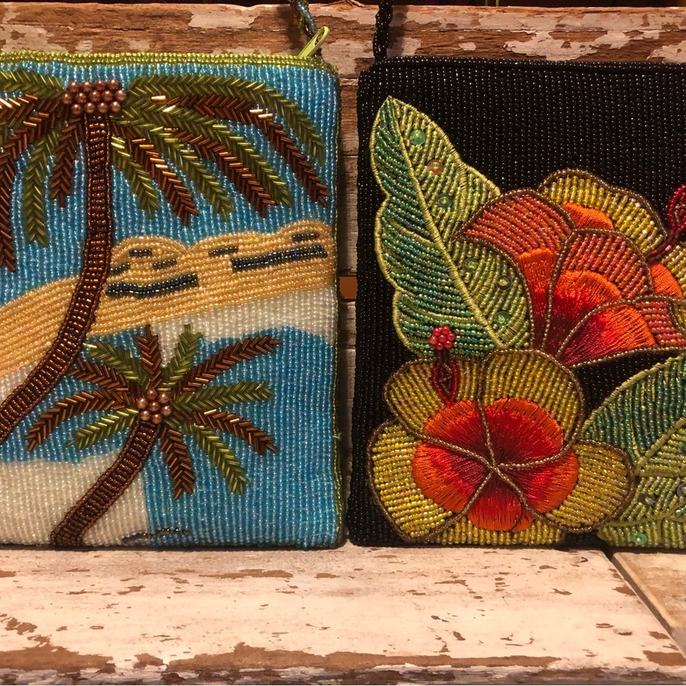 Two Ermo Beaded Purses Lot Flowers Palm Trees